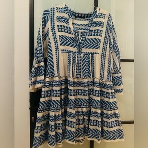 Blue & White Boho Dress from Greece - Size Medium (Loose Fit)